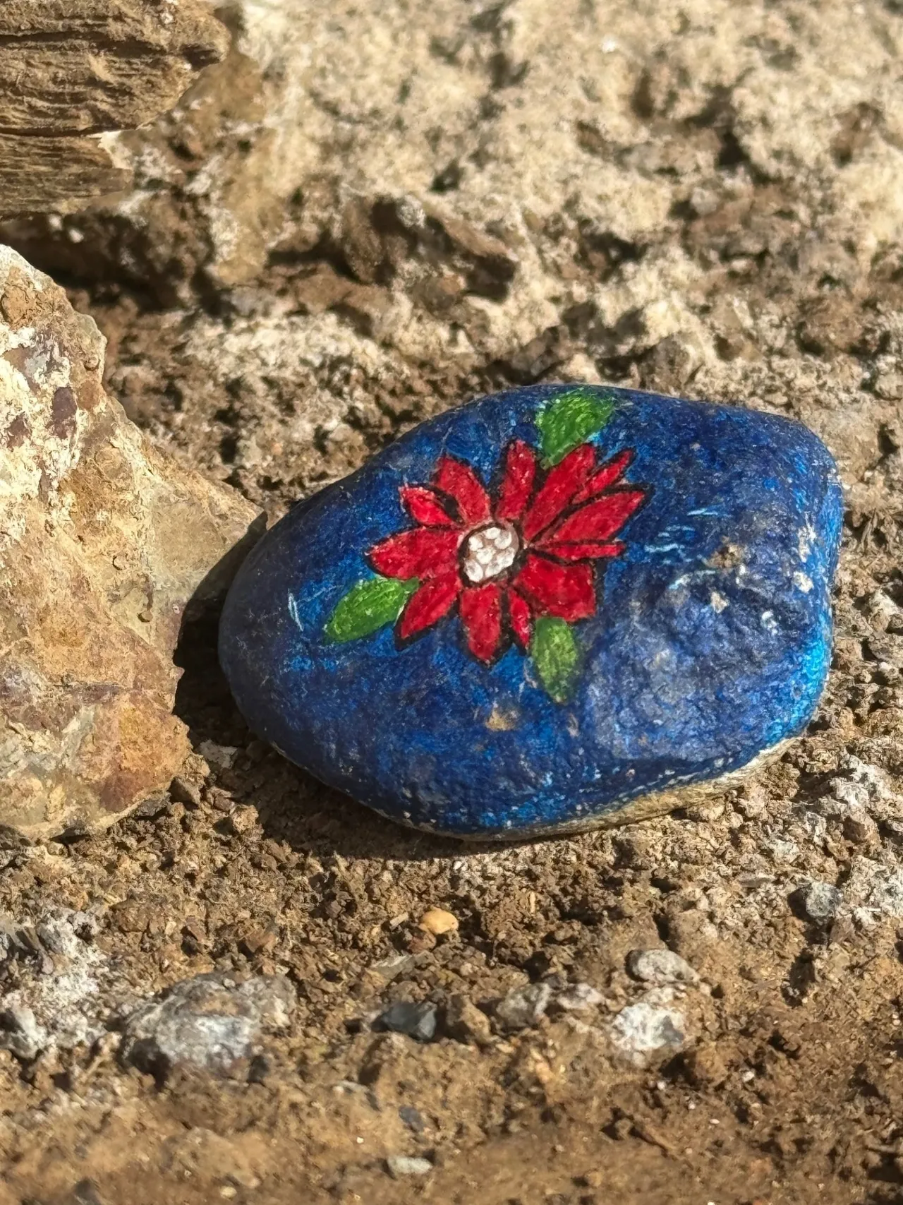 A rock with a painted flower on it.