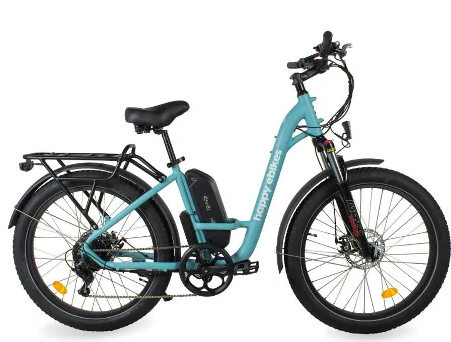 A blue electric bike is parked on the ground