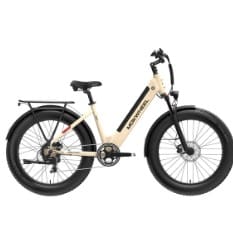 Here's an alt tag for the image: Cream-colored Mo-Wheel electric bicycle.