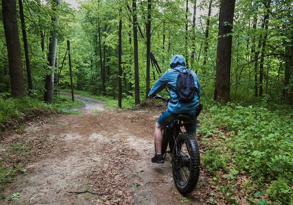 Person riding an e-bike on a trail.