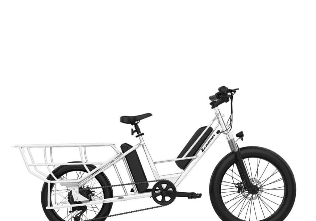 e-bike-usa-eagle-white-1200x1000-1 White electric cargo bike, side view.