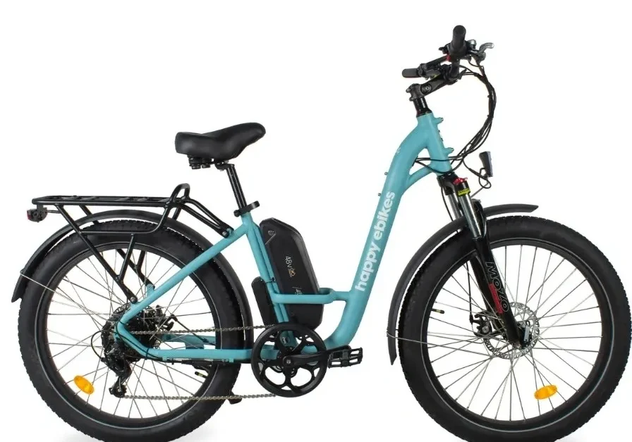 A blue electric bike is parked on the ground