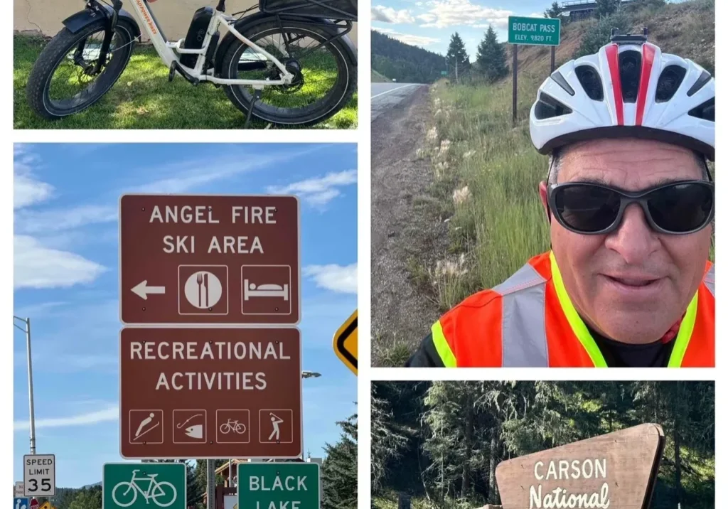 A collage of photos with a man on a motorcycle.