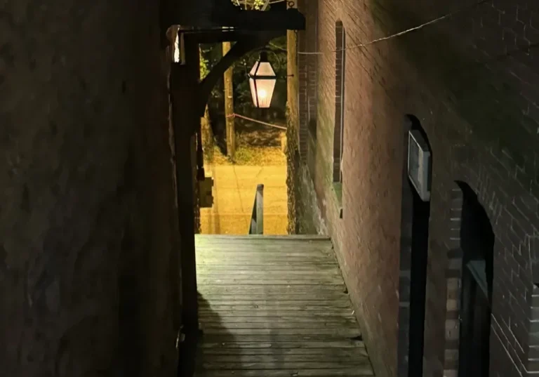 A narrow alley way with lights on the side.